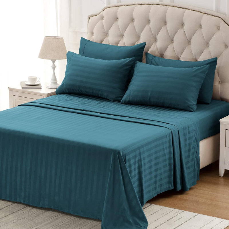 Ensemble de draps en satin de microfibre rayé à température régulée N / A, Ensemble de draps pour lit double + drap-housse +