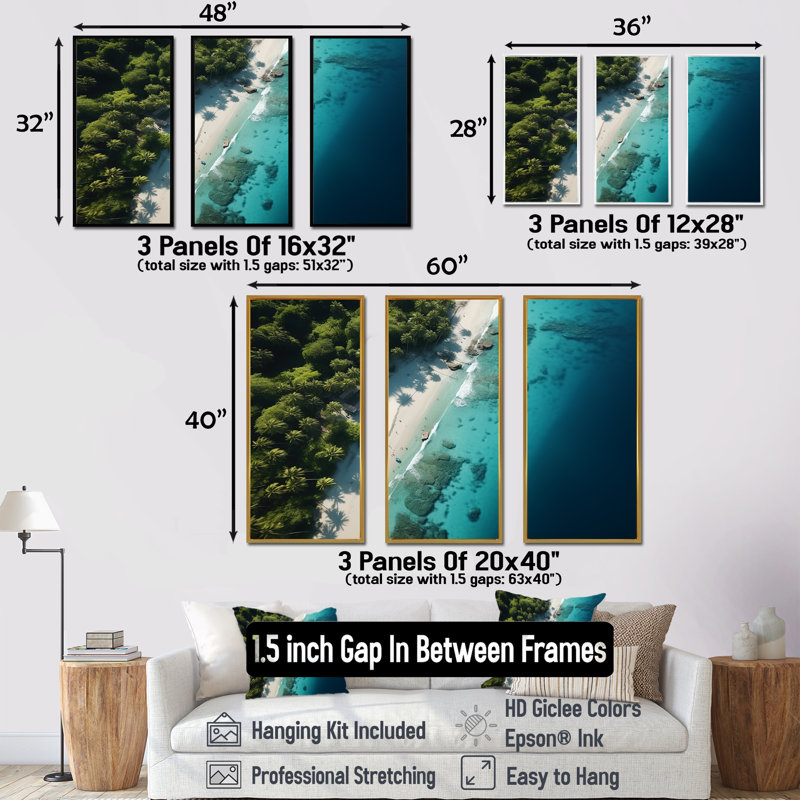 Vue aérienne de la plage relaxante IV - Art mural plage, H 28 po x l 36 po x P 1 po, Cadre flottant noir