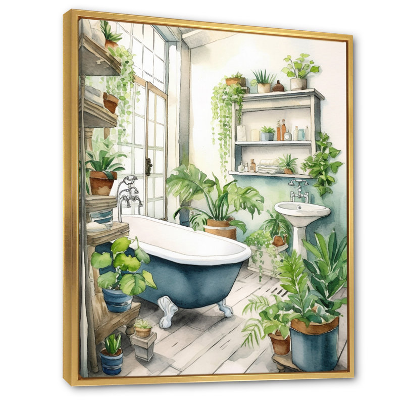 «Bathroom Botanical Dream I», reproduction sur toile, H 20 po x l 12 po x P 1 po, Cadre flottant doré