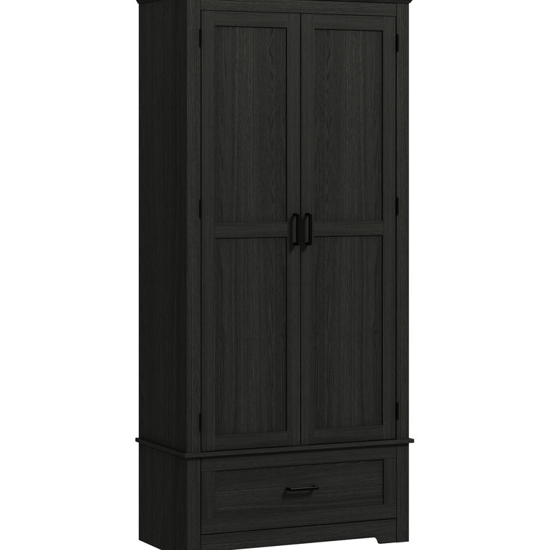Armoire de rangement de 69 po de hauteur avec garde-manger noir. Offre amplement d'espace avec 4 tablettes et un tiroir. 2 tablettes réglables personnalisables. Surface en grain de bois de style. Inclinaison sécuritaire. L 31,5 po x P 15,75 po. H 68,9 po.