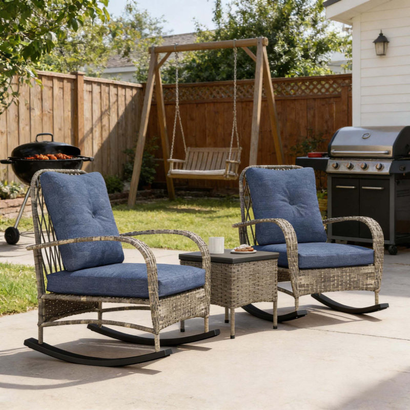 Balcony Furniture Set,3 Piece Wicker Patio Furniture Set, Gray, Blue