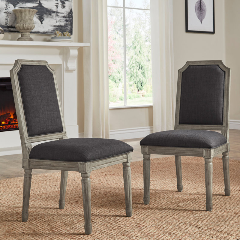 Hildemar 20.5'' H Linen Upholstered Side Chair, Dark Gray, Antique Gray Oak