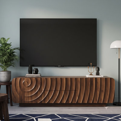 Meuble télé 58 po en bois avec rangement, console de télévision avec 2 tiroirs et portes d'armoire, centre de divertissement avec motif sculptural Wave