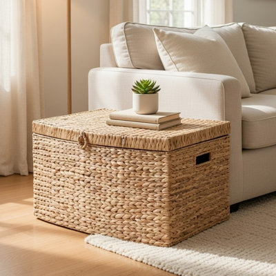 Lidded Storage Trunk w Handles, 26 Inch Light Brown Wicker Hyacinth Woven