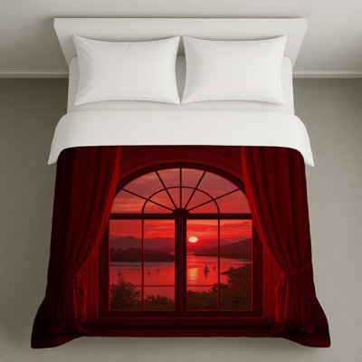 Coucher de soleil rouge à travers les housses de couette de fenêtre