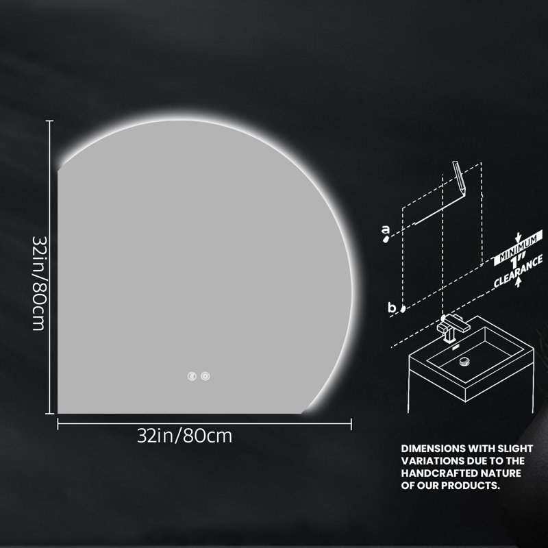 Wall Mounted Dimmable Semicircular LED Mirror Anti-Fog Backlit Lighted Bathroom Vanity Mirror, 32" x 32"