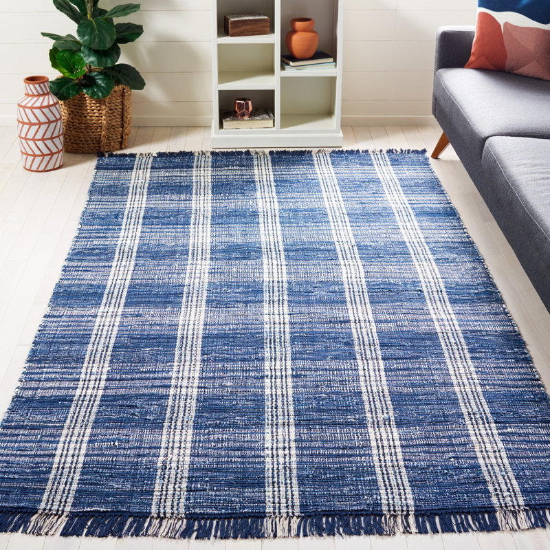 Londyn Striped Handmade Flatweave Cotton Navy/Beige/Gray Area Rug, Rectangle 5' x 8'