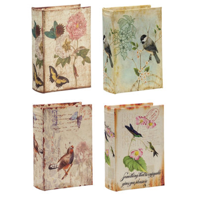 Ensemble de 4 boîtes à livres avec motifs d'oiseaux, de fleurs et d'écriture, 5,5 po x 4 po x 2 po
