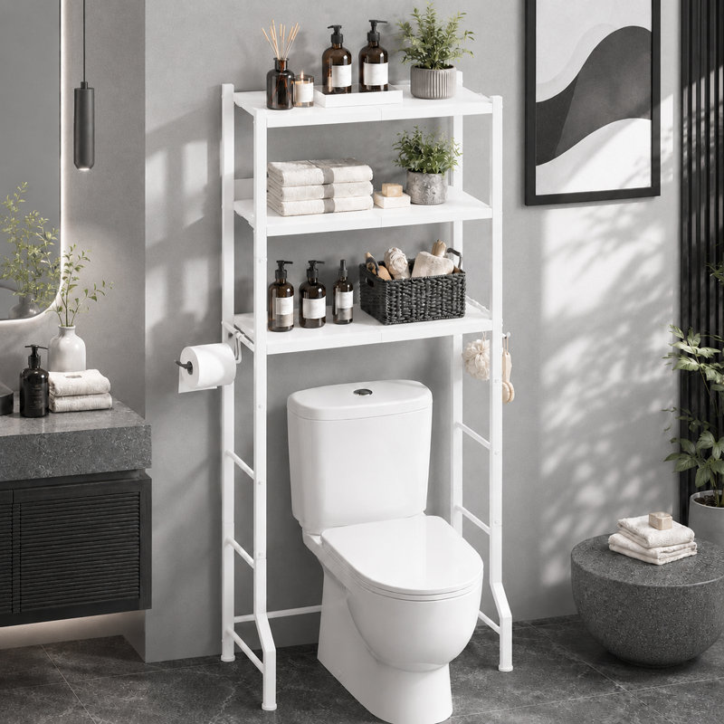 Over The Toilet Storage Rack - Freestanding Over The Toilet Storage Cabinet with Paper Holder & Hooks, Bathroom Organizers and Storage, White, 3 Tiers (61" H)