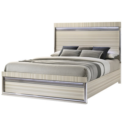 Modern King Bed, Gray Color, Integrated Led, Tall Panel, Bold Profile, Slat Support Size Bed With Led Illuminated Headboard And , Wood Frame, Vertical Lines, Coordinated Finish, Heavy - Duty Slats