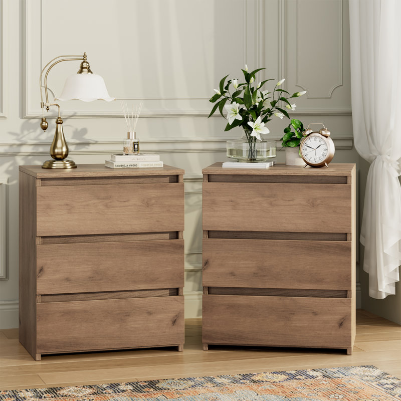 Brown Manufactured Wood 3-Drawer Nightstand Set of 2