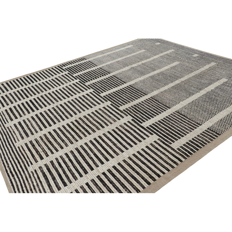 Rug & Kilim’S Textural Kilim In Black And White Stripes And Geometric Patterns, Rectangle 9'8" x 11'10"