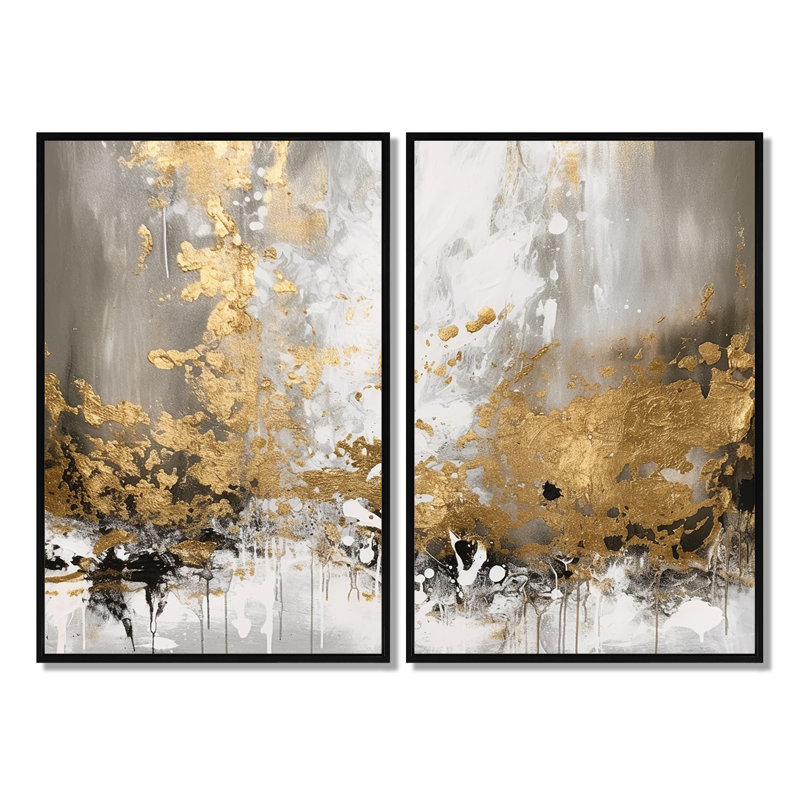 Or et blanc abstrait - art mural abstrait, Black, 36" H x 48" W, Impression encadrée flottante