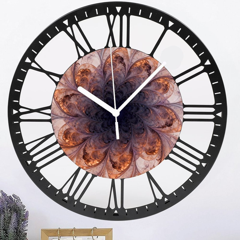 Horloge murale ronde en fer 10 po avec mouvement à quartz silencieux, chiffres romains, impression UV, Mauve / gris / cuivre
