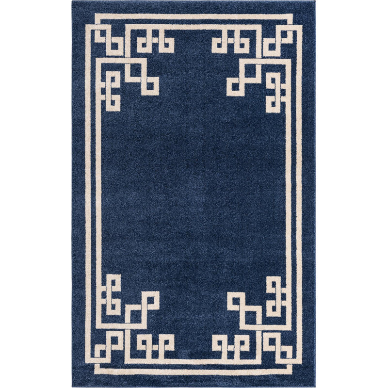 Tapis bleu foncé / beige Barreto, Rectangle 6 pi 1 po x 9 pi