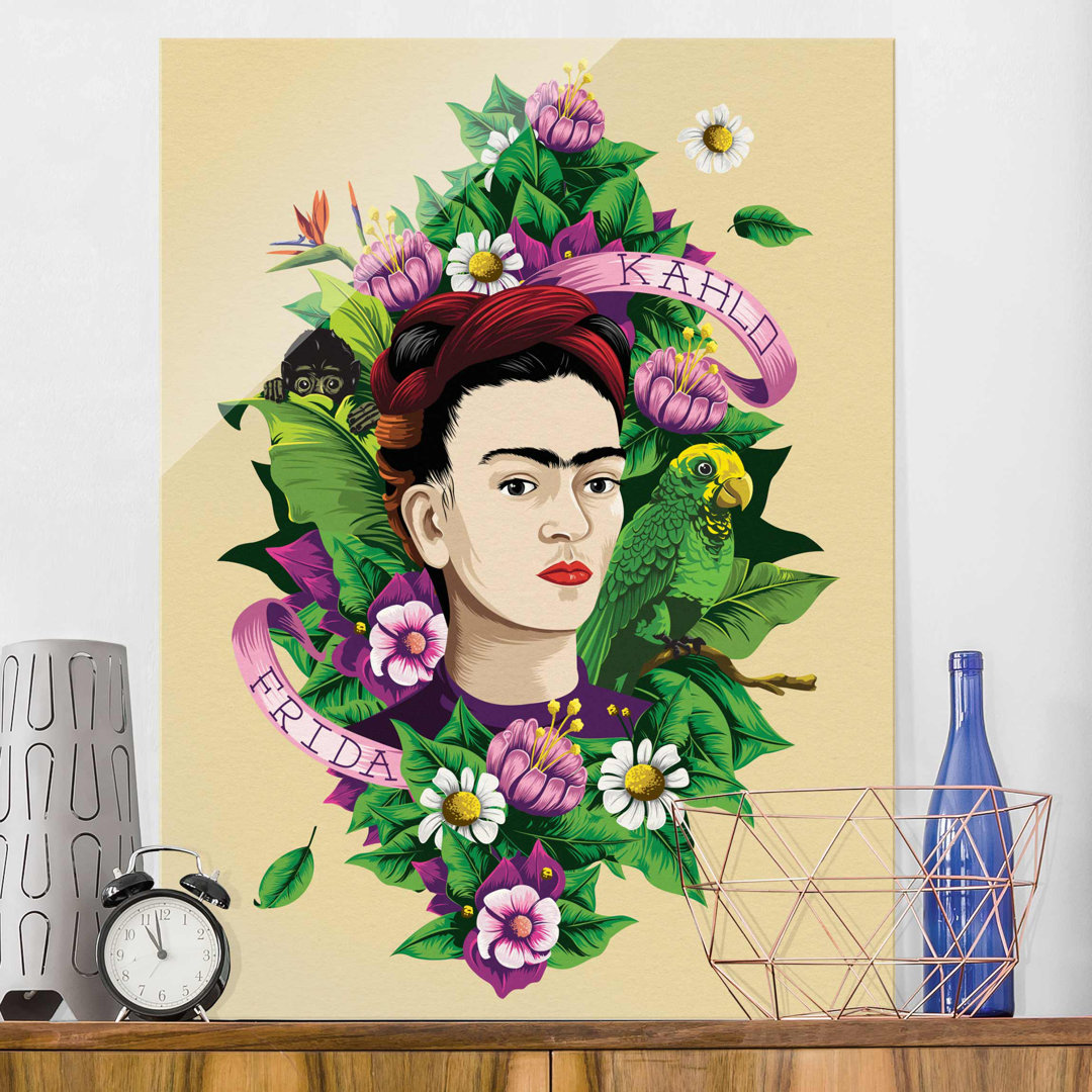 Glasbild Frida Kahlo, Affe und Papagei von Frida Kahlo