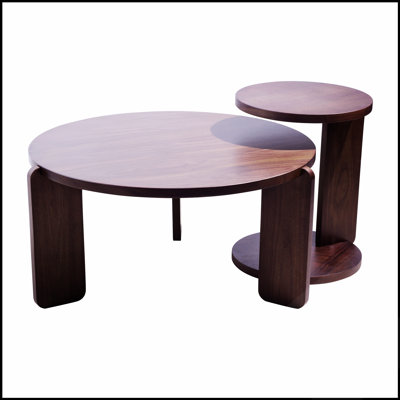 32.68 Inch Nesting Round Wood Coffee Table with End Table Set, Walnut Veneer Top for Living and Study Rooms, Water and Wear-Resistant
