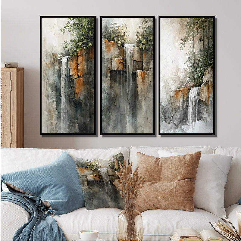Cascade Oasis I - Collection d'art mural cascade, H 32 po x l 48 po, Impression encadrée flottante, Noir