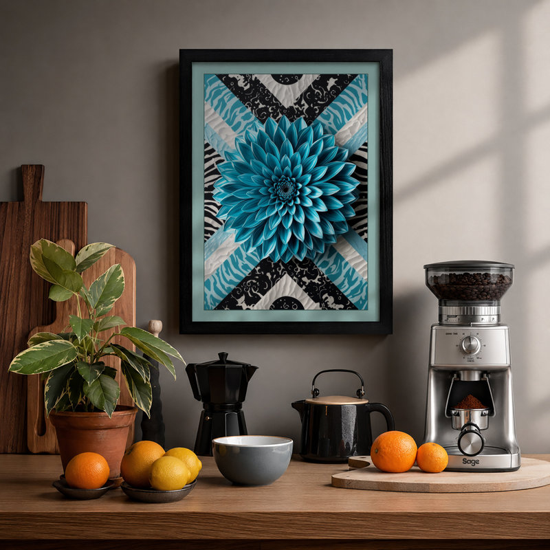 Turquoise Dahlia Mandala Geometric - Print, Black, A4 - 29.7 x 21.0 cm