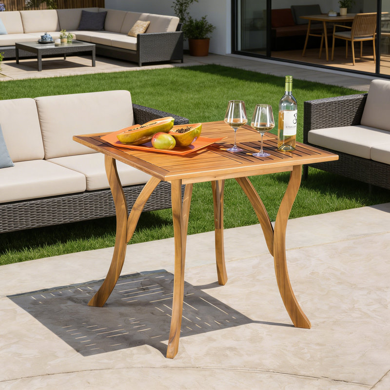 31.5”W x 31.5”D Teak Outdoor Square Table with Curved Legs and Perpendicular Wooden Slats