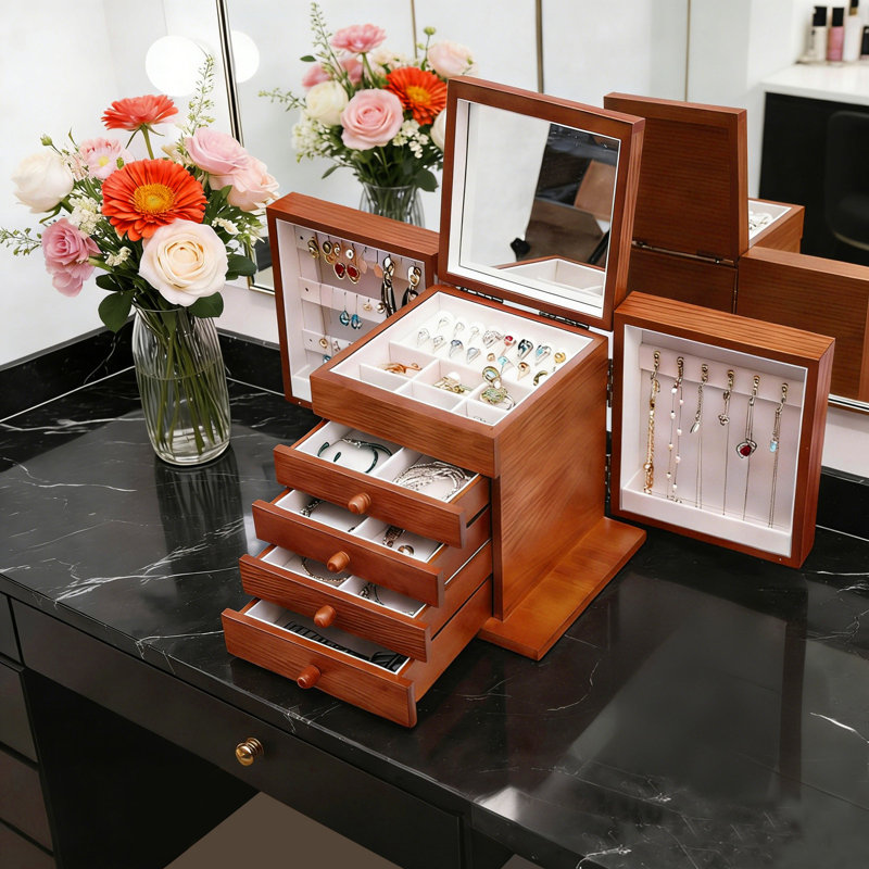 5-Tier Wooden Jewellery Organizer Box with Mirror
