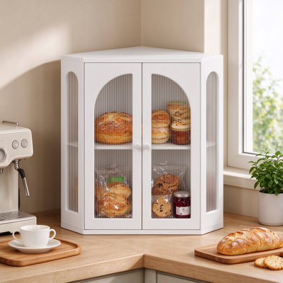 Corner Bread Box for Kitchen Countertop, Large Double Layer Bamboo Bread Box with Arched Acrylic Windows, Farmhouse Kitchen Counter Organizer Storage Bin for Homemade Bread