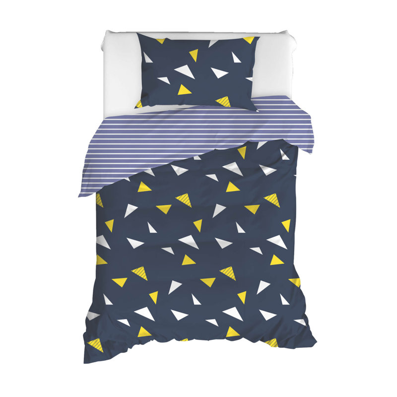 Ensemble de housse de couette simple 100% coton Ranforce, 53,1 po x 78,7 po | Bleu foncé, jaune et blanc | Lavable à la machine, 142 fils, fermeture à boutons pour housse de couette et enveloppe pour taie d'oreiller | Literie douce et durable