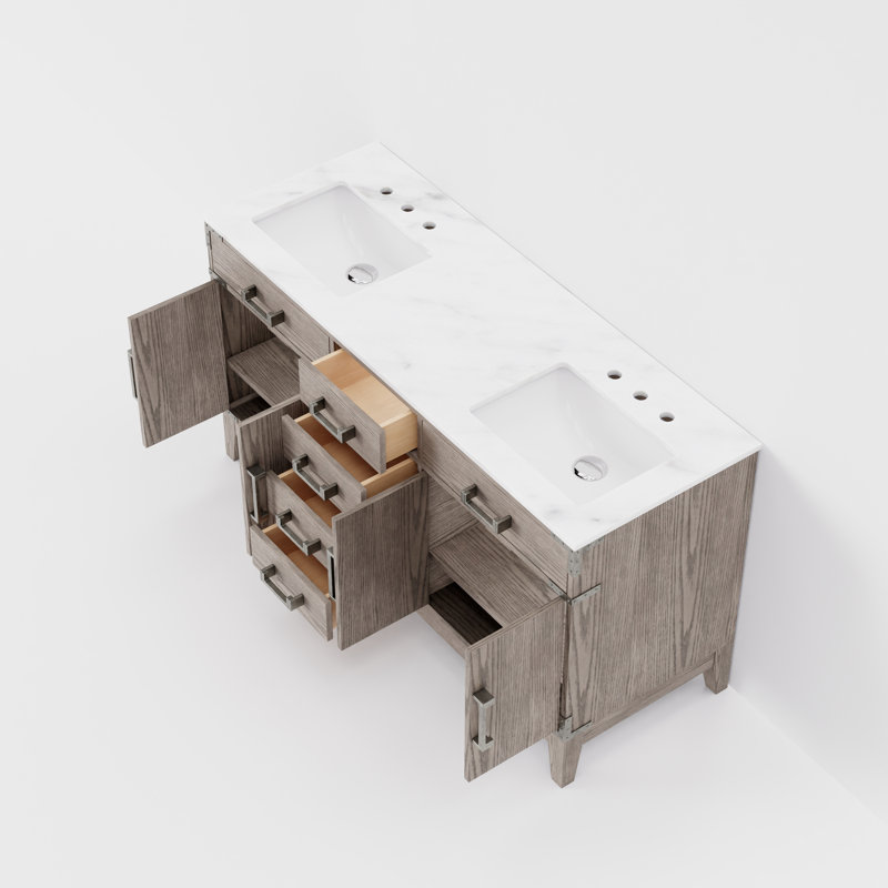 Plateau de meuble-lavabo double l 60 po x P 22 po Laurel, Chêne gris, Marbre de Carrare blanc