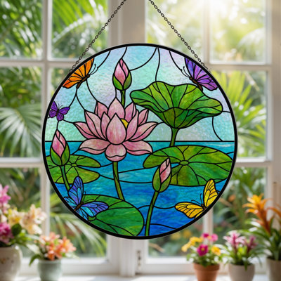 Vitrail de vitrail H 7,8 po avec papillons Lotus