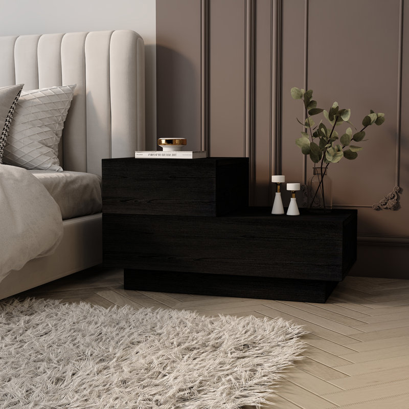 70 cm W Bedside Table, Black Wood