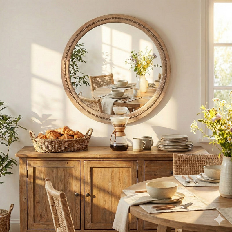 Miroir mural rond en bois massif, Bois naturel, 30 po x 30 po