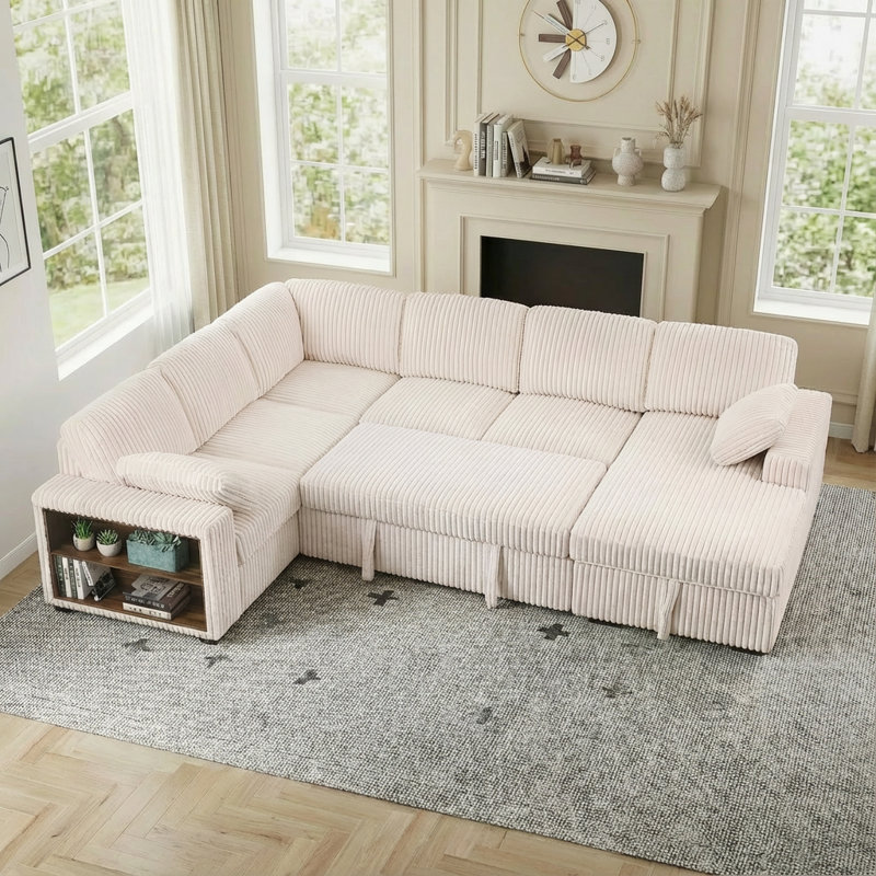 Canapé modulaire de 117 po avec méridienne de rangement, lit escamotable et bibliothèque 117 po - Revêtement en velours côtelé