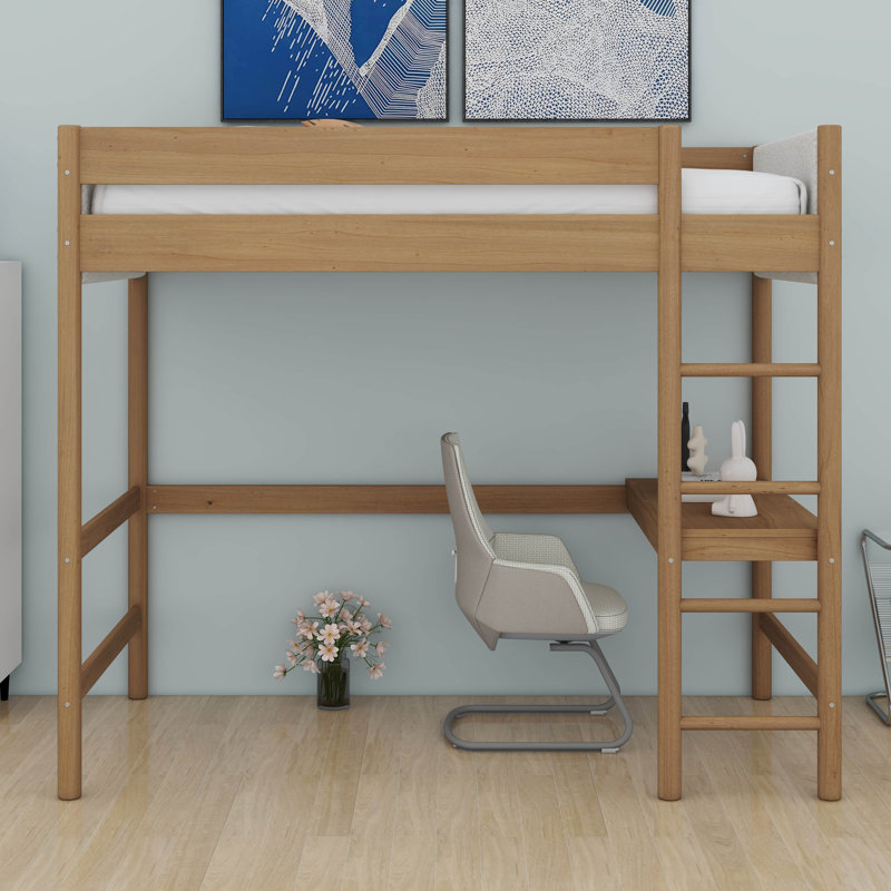 Lit mezzanine simple avec bureau, lit superposé en bois d'hévéa avec échelle et garde-corps, tête / pied de lit rembourré Boucle, petit espace, naturel