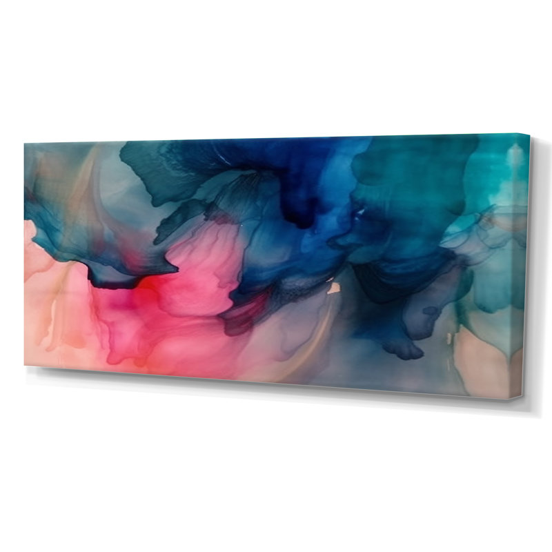 «Blue and Pink Watercolor Mix», reproduction d'art sur toile encadrée abstraite, H 28 po x l 60 po