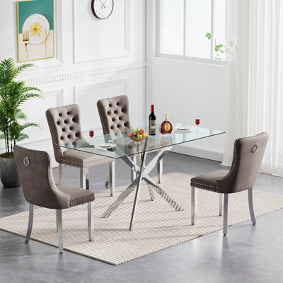 51" Glass Dining Table Set for 4, Modern Dining Room Table Set for 4, X-Shape Pedestal Glass Table with 4pcs Dining Chairs, 5 Piece Dining Set for Dining Living Room