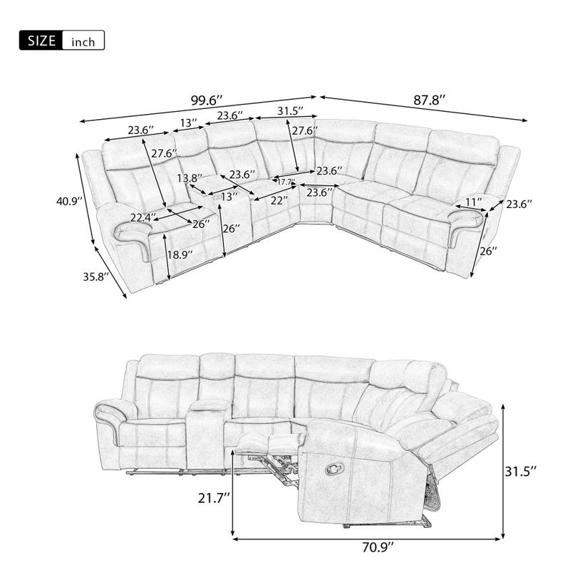 Jevita Faux Leather Reclining Curved Sectional Symmetrical, Gray Faux Leather