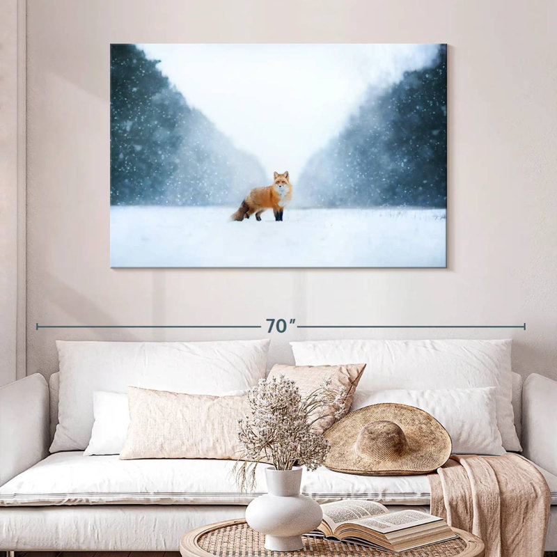 Renard roux dans la neige, H 32 po x l 48 po