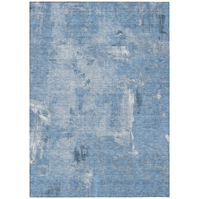 9' X 12' Denim Blue And Ivory Abstract Washable Indoor Outdoor Area Rug