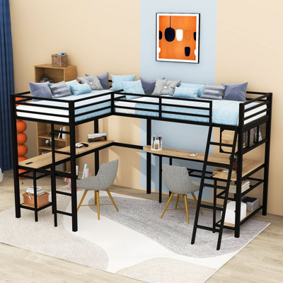 Twin Metal Loft Bed With Built-In Desks, Charging Stations, Shelves And LED Light