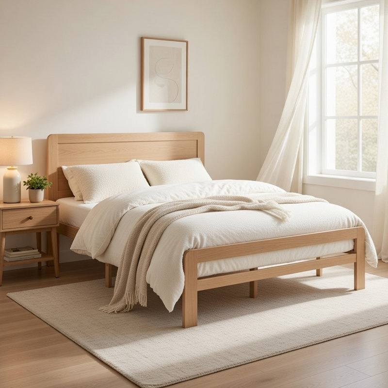Lit plateforme double Cary, brun naturel de style scandinave original, Lit double