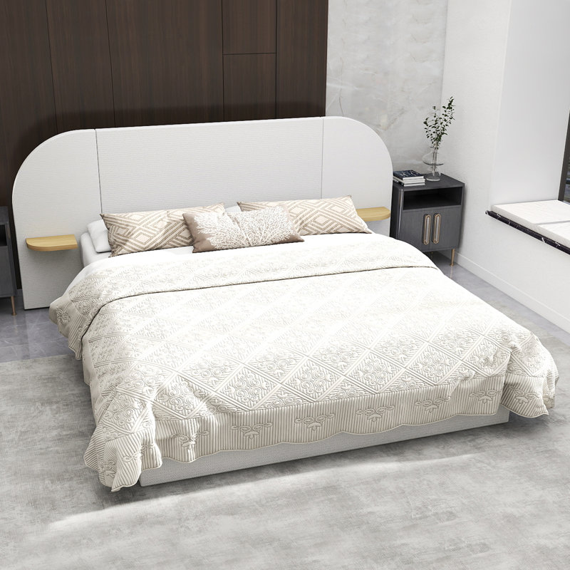  Upholstered Panel Bed with Oversized Arched Headboard and Side Ledges, King