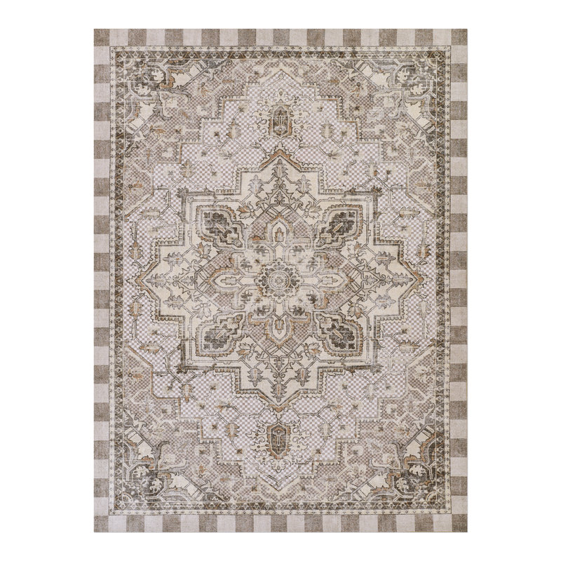 Heriz Checked Mocha Washable Rug, Rectangle 8' x 10'