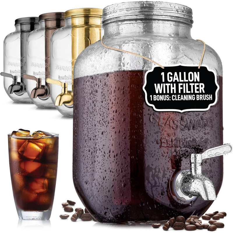 Zulay Kitchen 1 Gallon Glass Cold Brew Coffee Maker Stainless Steel Filter - Iced Coffee Maker, Cold Brew Pitcher & Tea Infuser