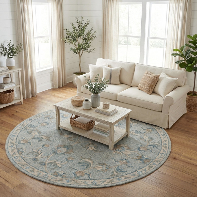 Tapis d'intérieur en laine naturel fabriqué à la main Munz, Rond 7 pi 3 po