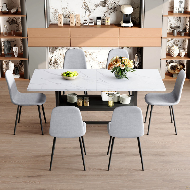 Ensemble de table et chaises, 7 pièces : table, 6 chaises, Gris clair