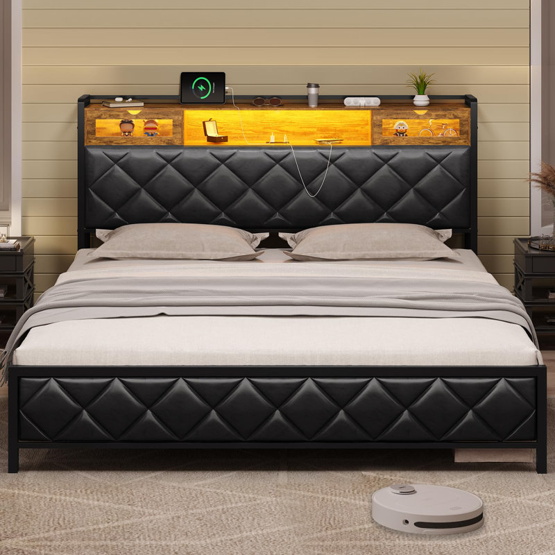 King size headboard and charging station, Platform bed frame with LED lights, Sturdy and stable, No noise, No box spring required, Easy to assemble, Black