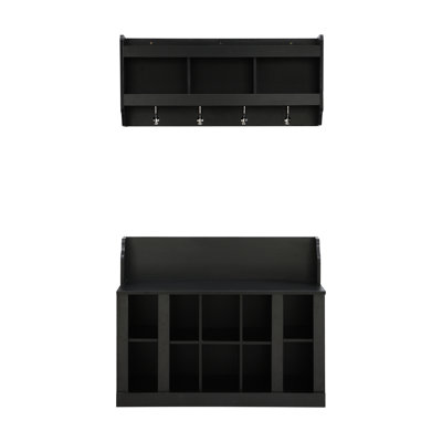 Modern Shoe Storage Bench With Wall Mounted Hooks And Adjustable Shelves, Hall Tree For Home Entryway, White Coat Rack, 4 Hooks, Mounted, Hallway, Foyer,