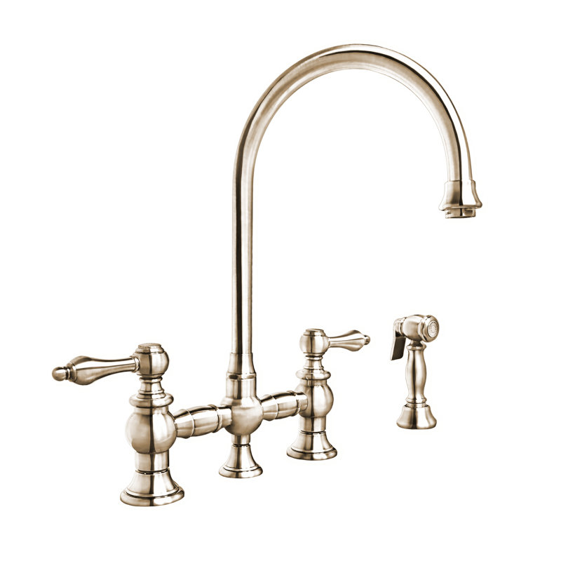 Whitehaus Collection Bridge Faucet with Long Gooseneck Swivel Spout, Lever Handles and Solid Brass Side Spray, Cross Handle