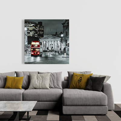 Grayscale Pantheon with Red Bus - Hyperrealist Canvas Art