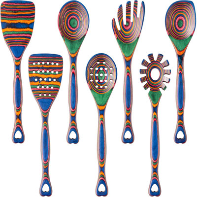 Ensemble d'ustensiles en bois de 7 pièces pour la cuisson - Cuillères non résistantes aux égratignures avec trous de suspension pour un rangement facile